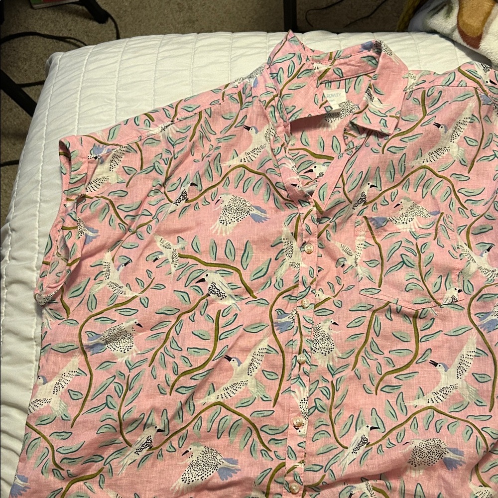Cynthia Rowley Pink Shirt with Leaf and Bird Design